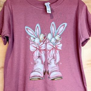 Mauve Graphic Tee with Pink Bunny Boot Illustration